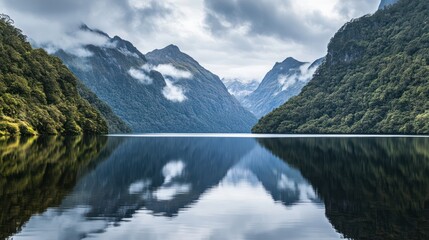 Naklejka premium A dramatic landscape of misty mountains rising from a still lake under overcast skies, the clouds casting a moody