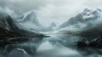 Fototapeta premium A dramatic landscape of misty mountains rising from a still lake under overcast skies, the clouds casting a moody