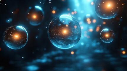 Floating transparent spheres with glowing orange centers in sci-fi blue space