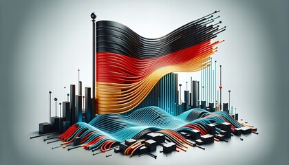 "Futuristic digital artwork with the colors of the German flag flowing over an abstract cityscape, symbolizing technology and connectivity."