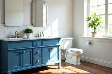 Bright sunlit bathroom featuring a blue double vanity with ample storage, paired with a classic white toilet and verdant potted plant