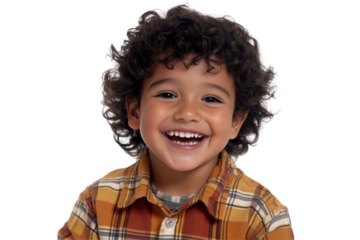 Pure Joy: Portrait of a happy, smiling toddler with curly dark hair, capturing the innocence and unfiltered glee of childhood.