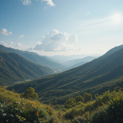 Naklejka premium Green mountain range under sunny sky, I am feeling peaceful and free while capturing this landscape with natural beauty