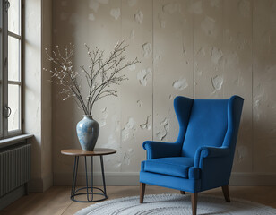 modern living room with blue chair