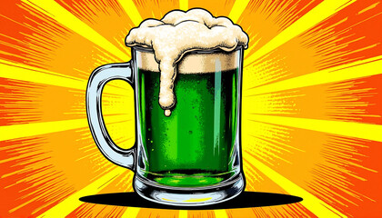 St. Patrick’s Day Green Beer Mug with Frothy Head and Burst Background in Pop Art Style with Copy Space