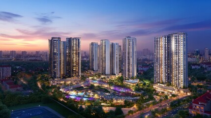 Naklejka premium A drone view of a high-rise residential area at dusk, showing the grid of city lights forming a glowing metropolis.