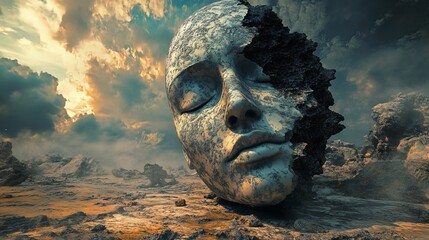 Crumbling stone face in desolate landscape.