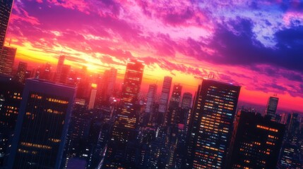 Fototapeta premium A dynamic city skyline with futuristic high-rise apartments, glowing brightly as night falls.