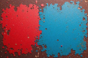 Fototapeta premium Abstract Red and Teal Paint Splatter on Brown Surface A Textured Background Image