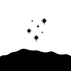 Minimalist black silhouette of a starry night sky with three stars on white background