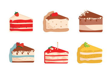 Set pieces of cakes in cartoon style. Vector illustration of cakes, cheesecakes with different fillings, cream, sponge cake, strawberry, apple, berries, kiwi, candle isolated on white background.
