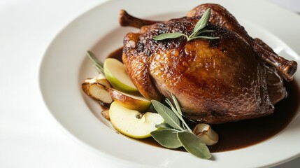 A half roast duck served elegantly on a sleek white plate, surrounded by fennel seeds, fresh sage, and thinly sliced apple