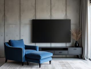 Navy blue sofa against black tv unit on concrete wall. Minimalist interior design of modern living room. 