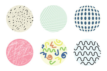 Set of hand drawn circles with patterns in cartoon style. Vector illustration of different abstract circles with spots, lines, doodles, waves, spirals isolated on white background. Textures.