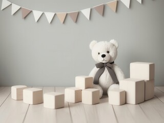 Children's Toys. Cute White Teddy Bear and Wooden Blocks on Floor in Kids Room, Bunting Flags on Wall. Stuffed Toy. Copy Space 