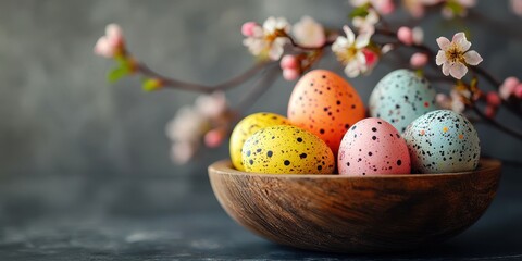 Fototapeta premium Colorful speckled eggs arranged in a wooden bowl surrounded by cherry blossoms in springtime