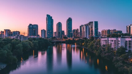 Obraz premium A high-angle view of a sprawling modern city, with residential skyscrapers casting reflections in the river at dusk.