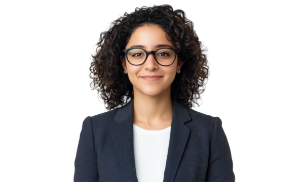 Confident Woman: A poised woman in a professional suit and glasses radiates confidence with a warm and engaging smile.