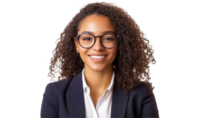 Confident Professional: A portrait of a young, confident professional, exuding intelligence and approachability with a warm smile and stylish eyeglasses.