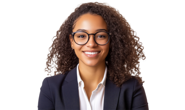 Confident Professional: A portrait of a young, confident professional, exuding intelligence and approachability with a warm smile and stylish eyeglasses.
