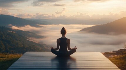 Serene woman meditating in lotus pose on wooden deck, silhouetted against sunrise above misty mountain landscape, embodying calm and mindfulness