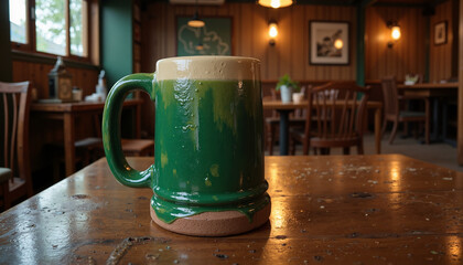 Close-up of a green beer mug in a cozy pub setting for St. Patrick’s Day, copy space