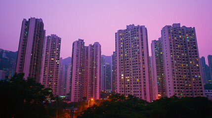 Fototapeta premium A lively evening scene of a modern city, high-rise residential towers standing tall under a soft-lit sky.