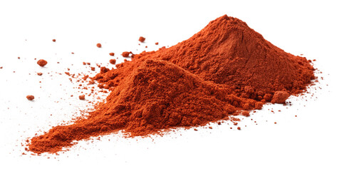 Red paprika powder flying isolated on transparent background, paprika dust flying and floating in air, organic red spice powder falling down, paprika powder for cooking and culinary use.