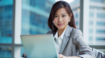 Young Asian woman IT specialist working on laptop computer. Smiling korean businesswoman uses tech app. Modern office, business, cyberspace, successful job, corporate, teamwork.