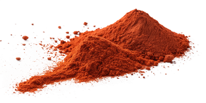 Red paprika powder flying isolated on transparent background, paprika dust flying and floating in air, organic red spice powder falling down, paprika powder for cooking and culinary use.