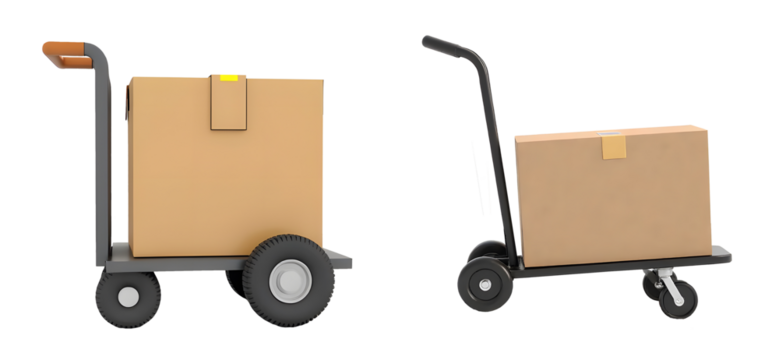 3d Hand truck with cardboard or parcel box icon isolated on transparent background
