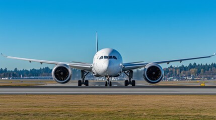 A sleek commercial airplane stands ready on the runway, bathed in sunlight under a cloudless sky. The aircraft showcases its powerful engines as it prepares for departure, promising new adventures
