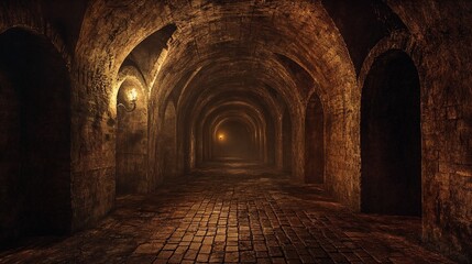 Obraz premium Mysterious stone corridor in dimly lit underground tunnel