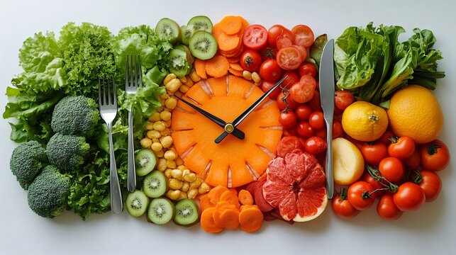 Clock made of fruits and vegetables illustrating intermittent fasting and healthy diet