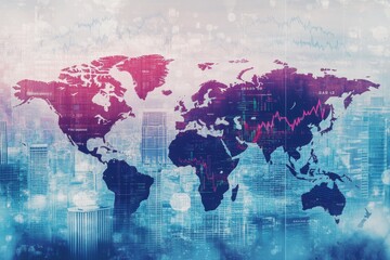 Obraz premium World map with global stock market charts and city background, double exposure photography, blurred background financial growth concept Generative AI