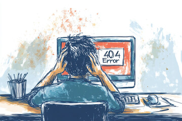 Frustrated individual sitting at a desk, facing a computer screen displaying a '404 Error' message, symbolizing technical difficulties and internet issues.