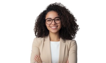 Confident Professional: A portrait of a happy, successful woman, exuding confidence and charm. She wears glasses and a blazer, standing against a clear background