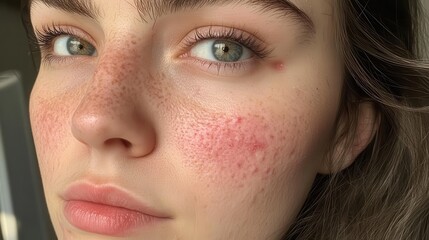 Fototapeta premium Close up of a young woman's face highlighting rosacea, a common skin condition causing redness and visible blood vessels, emphasizing the importance of skincare and dermatological health