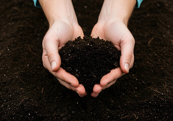 Hands holding rich black soil for gardening in a natural setting during daylight
