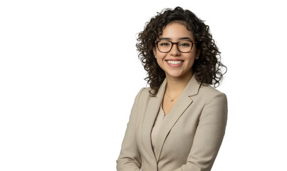 Portrait of a Confident Professional Woman: A radiant, business-ready woman with curly hair and eyeglasses, radiating optimism, presents herself in a professional context.