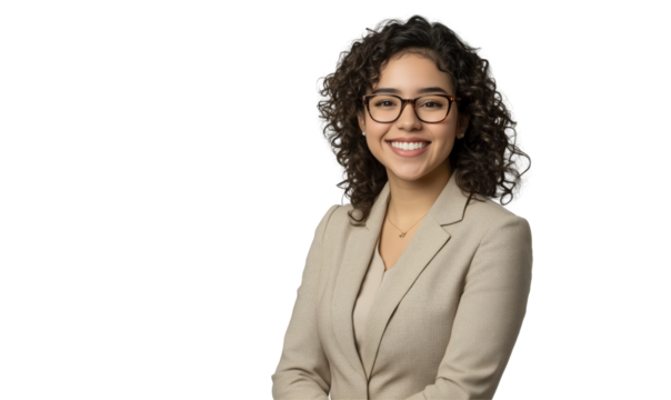 Portrait of a Confident Professional Woman: A radiant, business-ready woman with curly hair and eyeglasses, radiating optimism, presents herself in a professional context.