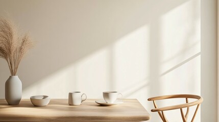 A minimalist style dining room scene with coffee cups present