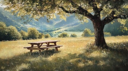 A peaceful mountain meadow with a solitary picnic table nestled under a shade tree