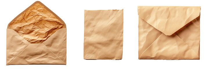 Correspondence Essentials: Studio shot featuring three essential items: a blank paper and two brown paper envelopes. This image conveys themes of communication, mail, and business