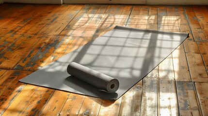 A grey yoga mat lays unrolled on wooden floor of a serene, sunlit room, creating a peaceful and inviting space for yoga and meditation practice