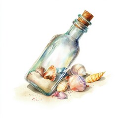 Message in a bottle with seashells arranged on a sandy surface by the shore