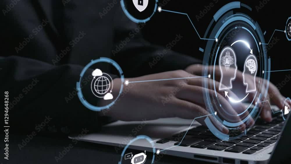 Poster human interact with ai artificial intelligence brain processor in concept of ai artificial intellige
