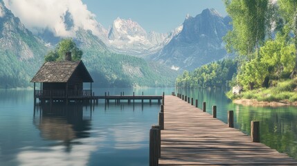 A peaceful wooden pier stretching toward a charming, rustic boathouse nestled at the foot of majestic mountains