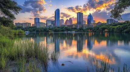 Naklejka premium A panoramic view of a contemporary cityscape at dusk, showcasing towering residential skyscrapers reflecting in a calm river.