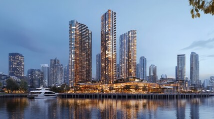 Fototapeta premium A panoramic view of a contemporary cityscape at dusk, showcasing towering residential skyscrapers reflecting in a calm river.